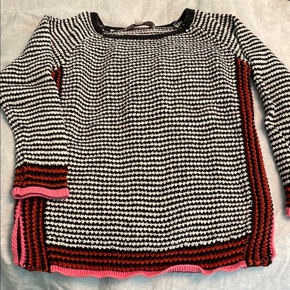 Women’s Striped Black and White Sweater with Red and Pink Accents